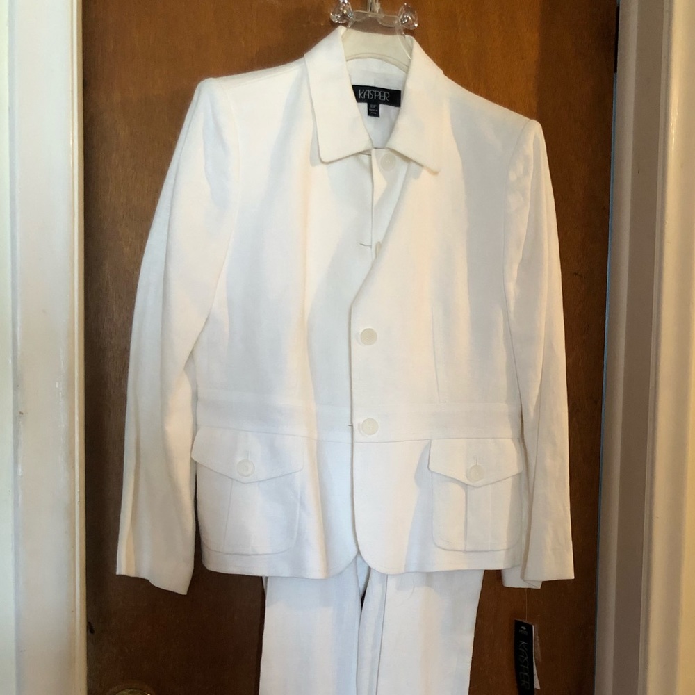 White two-piece Kasper 100% linen suit